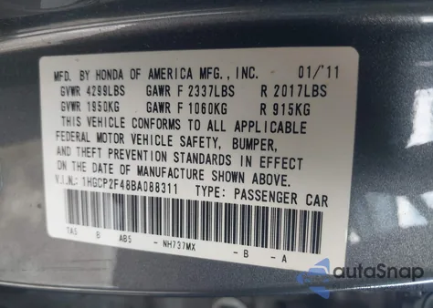 2011 Honda Accord 2.4 Lx-P from USA, damaged, VIN 1HGCP2F48BA088311